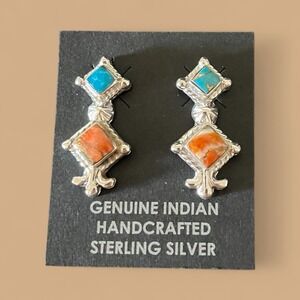 Navajo Native American Sadie Jim Sterling Silver Turquoise‎ Spiny Earrings Post